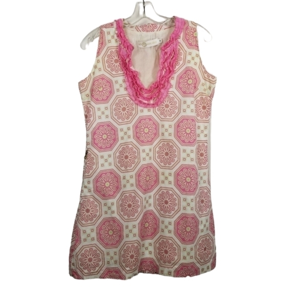 Tracy Negoshian Ruffle Dress Sleeveless Geometric Pink Mini Coquette Preppy Soft - Picture 1 of 10